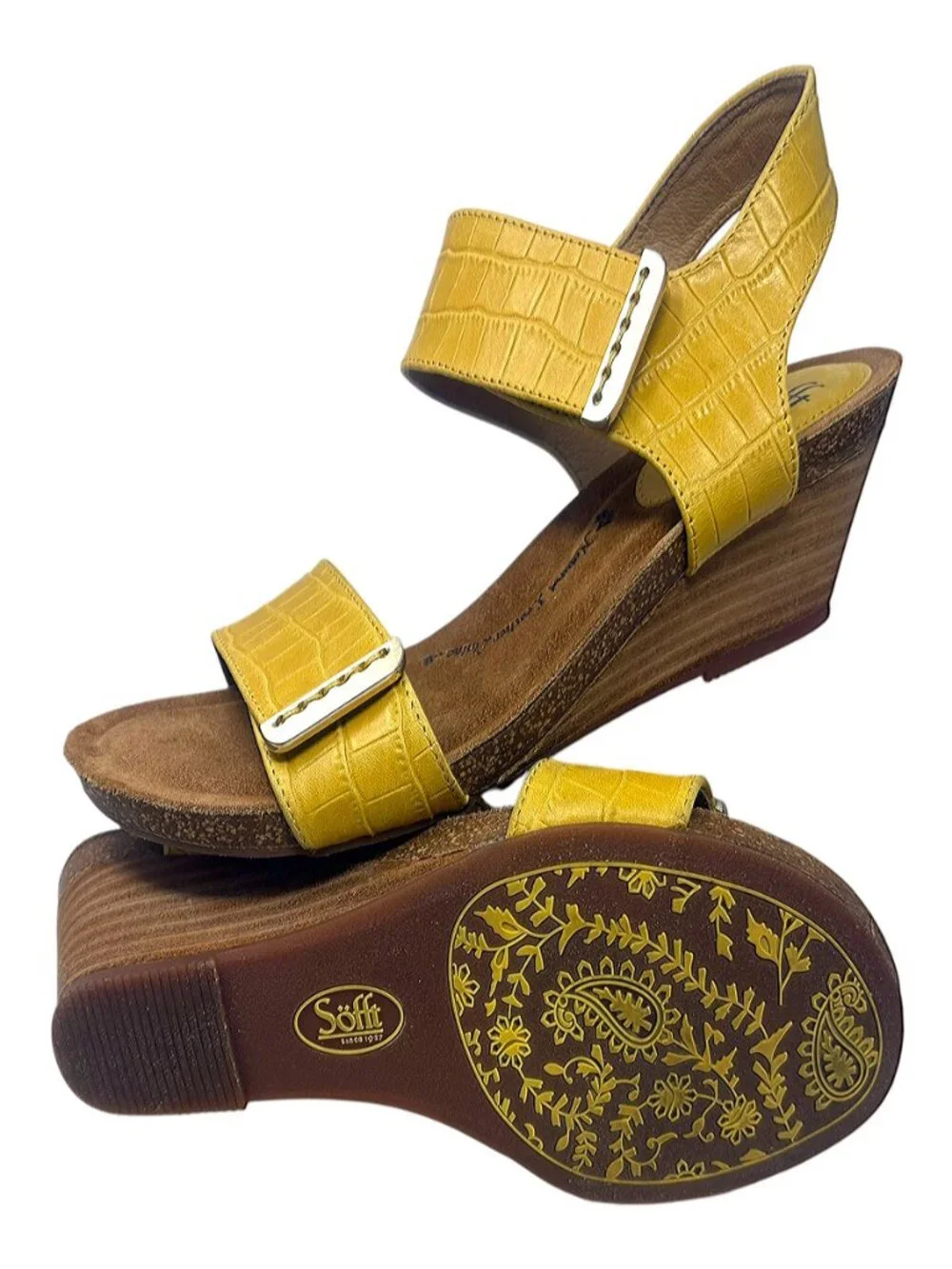 Sofft Verdi Yellow Full Grain Embossed‎ Leather Wedge Sandal